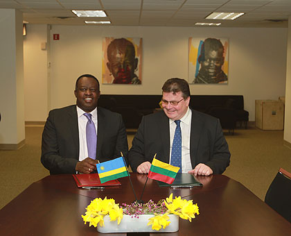 Amb. Gasana and Linkevicius after signing the agreement yesterday. The New Times/ Courtsey. 