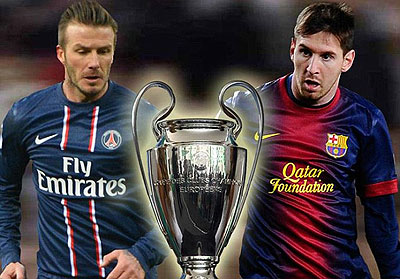Lionel Messi (right) and David Beckham (left) square up in Champions League. Net photo