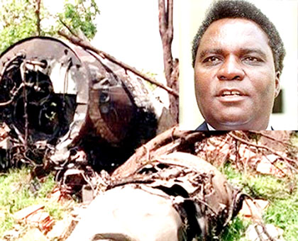 The wreckage of Habyarimana's ill-fated Falcon 50 plane near the Kigali International Airport. Habyarimana (inset) was killed by members of his army, several investigations show, in....