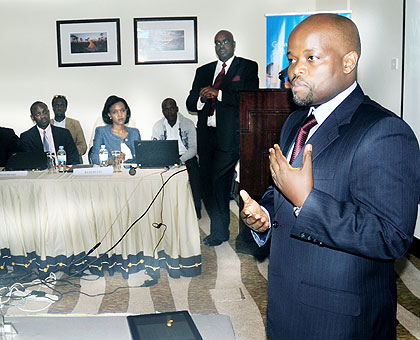 Youth and ICT minister Jean-Philbert Nsengimana (R) addresses participants at the launch of Microsoft4Afrika initiative in Kigali yesterday. The New Times/ J. Mbanda.