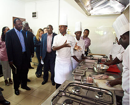 Some of the PAC members during a visit to the  Workforce Development Authority- Remera Hospitality Academy  yesterday.  The New Times/ Timothy Kisambira. 