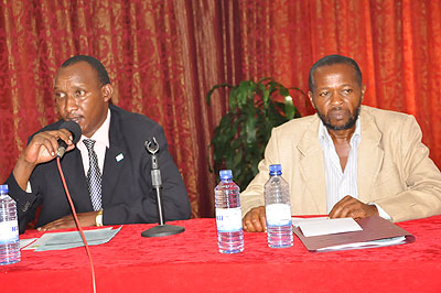 Safari (L) and Prof. Munguti Katua Katui, the GWP Eastern Chairperson, during the meeting yesterday.  The New Times/ Nou00ebl Turikumwe