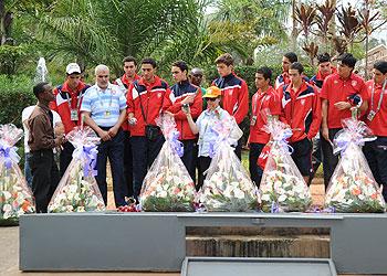 PAYING RESPECT:  Visiting Tunisia U-18 basketball team at Gisozi Genocide Memorial Centre two years ago. There will be no sports events this week as the nation remembers the victims of the 1994 Genocide against Tutsi. Sunday Sport/Courtesy.