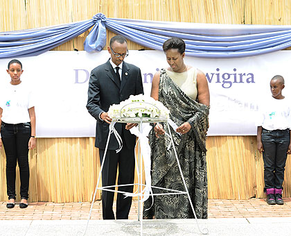 President Paul Kagame and First Lady Jeannette lay a wreath at the Genocide Memorial Centre in Gisozi yesterday. The New Times/  Village Urugwiro.