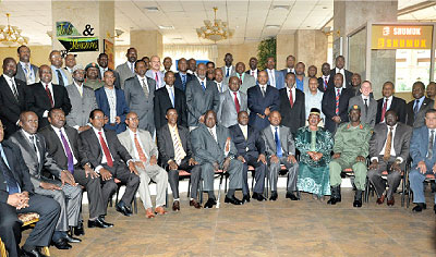 Participants of the 9th Extra Ordinary meeting of the Council of Ministers of Defence and Security of the Eastern Africa region pose for a group photo after a session. The New Times/G.....