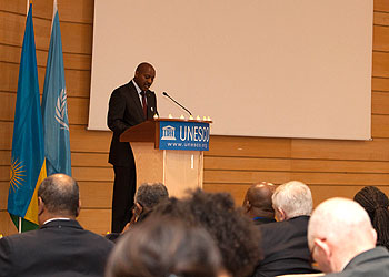 Ambassador Kabale delivers a speech at the Unesco headquarters in Paris. The New Times/Courtesy.