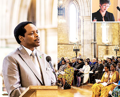 Nkurunziza (L) speaks during the event in Southwark Cathedral and congregates listen. Inset is Prof. Melvern. Courtesy photo.