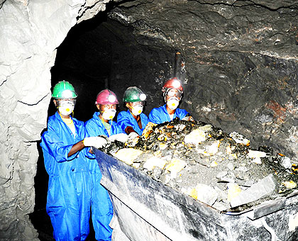 Mine workers in a wolfram field in Northern Province recently.   The New Times/ John Mbanda.