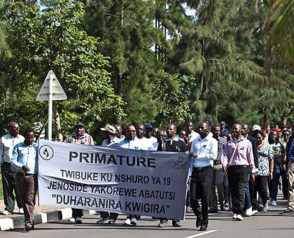 Staff of the Prime Ministeru2019s office in a Walk To Remember in honour of the victims of the 1994 Genocide against the Tutsi yesterday. At least 2,500 more remains of victims have been....
