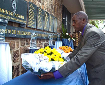 Jean de Dieu Mucyo pays tribute to Genocide Victims at UNDP offices on Thursday. The Sunday Times/Timothy Kisambira
