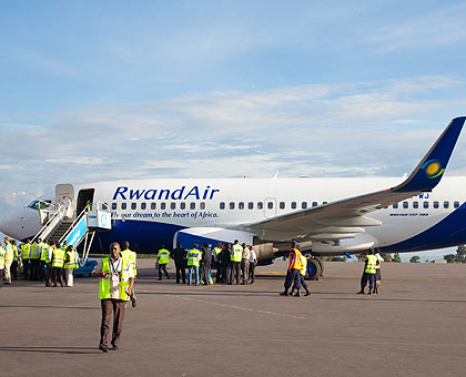 The New Boeing 737-700 NG upon arrival at Kigali International Airport yesterday. The New Times/Timothy Kisambira.