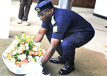 Gasana lays a wreath at Kamonyi Memorial site during when his Force paid tributes yesterday. The New Times/ Courtesy.