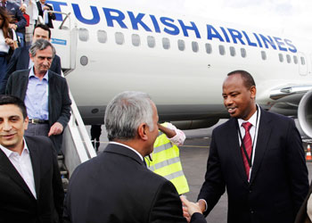 Albert Nsengiyumva (R), then Minister of infrastructure welcomes Turkish airlines officials upon the maiden landing of the aircraft at Kigali International Airport last year. The New T....