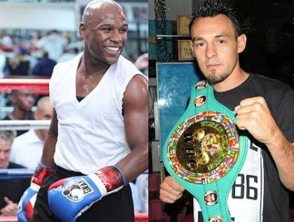 Mayweather smiles in the middile of his media day workout. The champion faces Robert Guerrero (left) on May 4 in Las Vegas. Robert Guerrero. Net photo.
