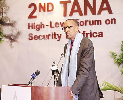 President Kagame delivers the keynote address at the Tana Security Forum in Bahir Dar, Ethiopia, yesterday. The Sunday Times/Village Urugwiro.