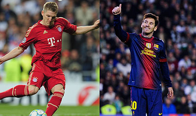 Bastian Schweinsteiger  (L) will need to be on top of his game for Bayern against Lione Messi (R), who is in the Barca squad for the first leg clash in Germany. Net photo.
