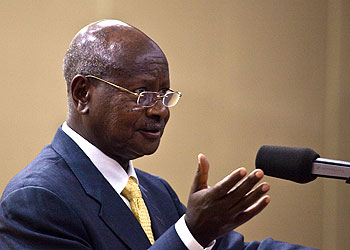 Museveni stresses out a point during his speech at the EALA Summit in Kigali yesterday. The New Times/ Timothy Kisambira.