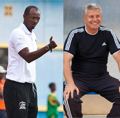 Nshimiyimana (L) has been APRu2019s longest-serving staff both as a player and coach, but after disagreements with head coach Andreas Spier (R), he has decided to leave the club and concentrate on Amavubi Stars.  The New Times / T. Kisambira