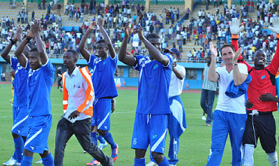 Rayon Sport  coach Didier Gomez da Roza (2nd right) has admitted that the league title is now in with his grasp but is not ready to celebrate yet.   The New Times / Plaisir Muzogeye.