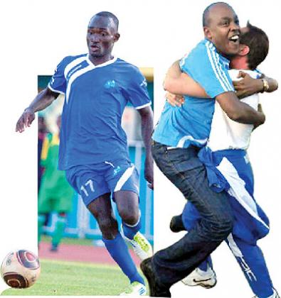 Nyanza Mayor, Abdallah Murenzi, celebrating with head coach Gomez at full time on Wednesday. The New Times / Courtesy.