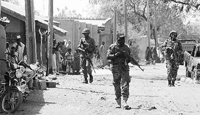 Nigerian troops patrolling the streets of the remote northeast town of Baga, Borno State. Nigeriau2019s military is carrying out a major offensive against Boko Haram Islamists. Net photo.