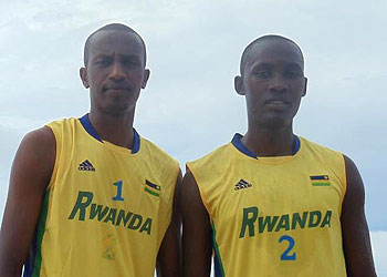 Rwanda Men's beach volleyball team (L-R); Olivier Ntagengwa with Thierry Mugabo. The New Times / Courtesy.