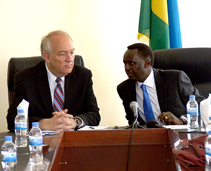 Amb. Rapp and Ngoga during the news briefing yesterday .  Saturday Times/ Courtsey photo.