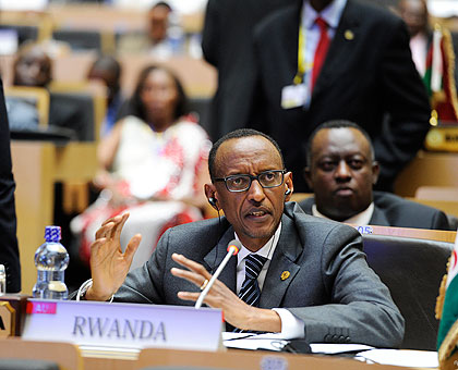 President Kagame speaks during the 21st Session of African Union Assembly in Addis Ababa, Ethiopia on Saturday. The New Times/ Village Urugwiro.