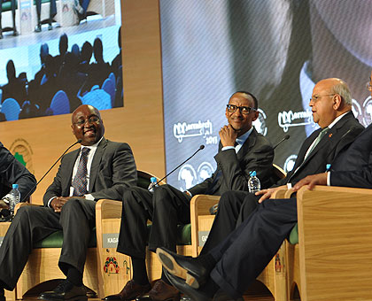 President Kagame, South African Finance Minister Pravin Gordhan and AfDB President Donald Kaberuka participate at a high level debate at the Annual Meeting of the African Development Bank in Marrakech. The New Times / Village Urugwiro