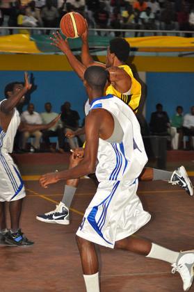 National team forward Kami Kabange goes up for a basket during the All-Star game at the end of the just concluded season. The New Times/ P. Muzogeye.