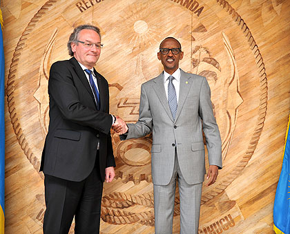 President Kagame receives Jean-Pascal Labille, Belgium Minister of Public Enterprise and Development Cooperation yesterday. The New Times/ Village Urugwiro