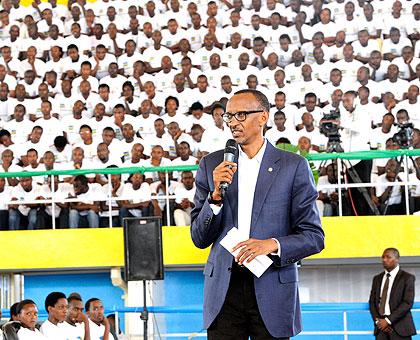 President Paul Kagame addresses the youth at Amahoro Stadium yesterday. Sunday Times / Village Urugwiro.