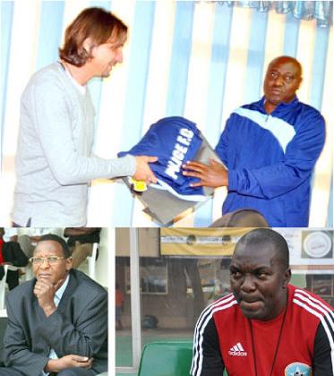 New Faces: Col (rtd) Louis Dodo Twahirwa (L) is the club president while Coach Sam Ssimbwa  (R) is the head coach. Meanwhile, IGP Emmanuel K. Gasana is seen above giving a souvenir to outgoing coach, Goran Kopunovic. The New Times / Courtesy