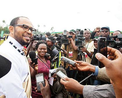 Ramsey Nouah speaking to journalists in Kinigi yesterday. The Nigerian film star was among several international celebrities who witnessed the baby gorilla naming ceremony. Sunday Times/Timothy Kisambira