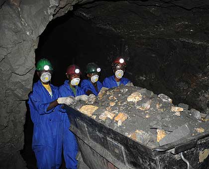 Miners inside a tunnel in Rulindo District.  The New Times/ File. 