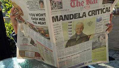 A Johannesburg daily with a headline of Nelson Mandela being in a critical condition in hospital, on June 24. Net photo.