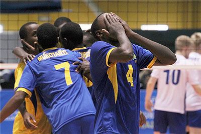 Rwandan players react at losing the decisive fifth set against Finland on Saturday.  The New Times /  Courtesy