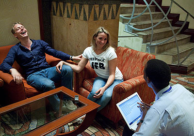 Eeuwen (L) and his partner Lexmond in a feisty mood during the interview in Kigali.  The New Times/ T. Kisambira.