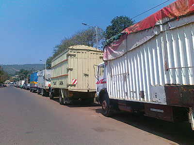 Cargo trucks line up to clear at Magerwa customs point in Kigali. EAC leaders want all goods to be cleared at entry ports.The New Times / Peterson Tumwebaze