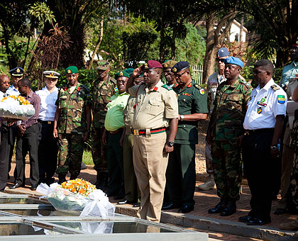 The military attachu00e9s pay tribute to Genocide victims at the  Kigali Genocide Memorial Centre yesterday. The New Times/ Timothy Kisambira. 
