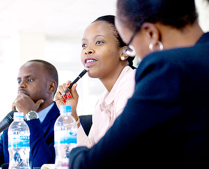 RDBu2019s Vivian Kayitesi (R), Clare Akamanzi and Tony Nsanganira, the boardu2019s Acting Chief Operating Officer, during a news briefing yesterday. The New Times/Timothy Kisambira