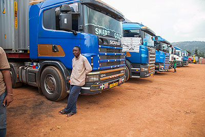  Trucks parked at Magerwa while awaiting clearance with border authorities.   The New Times/ File. 