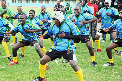 Silverbacks demonstrating their traditional warm-up style in a past competition held at Amahoro stadium. They face Burundi this afternoon in Bujumbura. Saturday Times/File.