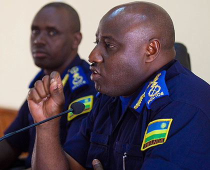 IGP Gasana, flanked by  the deputy IGP in charge of Operations, Dan Munyuza (L) , addressing journalists in Kigali yesterday. The New Times/ Timothy Kisambira.
