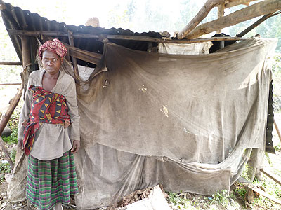 Nyiranyenyeri stands outside the ramshackle shelter she calls a house.   The New Times/ Seraphine Habimana.