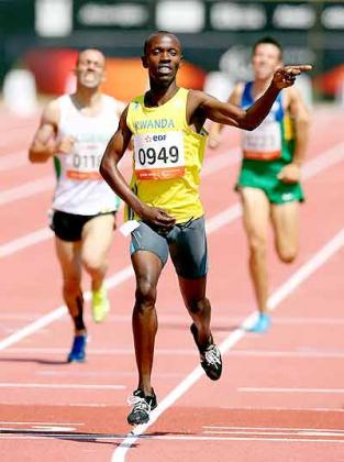 Hermas Muvunyi of Rwanda celebrates winning the Men's 800m T46 final during day three of the IPC Athletics World Championships. The New Times/ Courtesy.