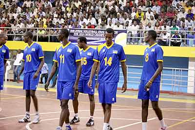 Rwanda team getting to the court for the first match on Thursday. They were beaten 3-0 by the African champons. Times Sport/ Courtesy.