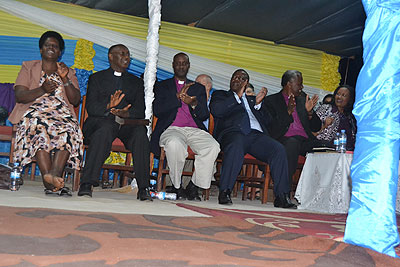 Chantal (L), Bishop Mbanda (2nd L) and Bosenibamwe (R) at the conference. The New Times/ Jean Mbonyinshuti.