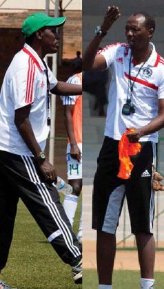 Amavubi Stars' coaches Eric Nshimiyimana and his assistant Jean Baptiste Kayiranga (left) have been handed a vote of confidence to continue leading the team.  Times Sport / T. Kisambira.