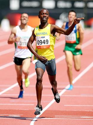 Hermas Muvunyi of Rwanda celebrates winning the Men's 800m T46 final during day three of the IPC Athletics World Championships.  The New Times/ Courtesy